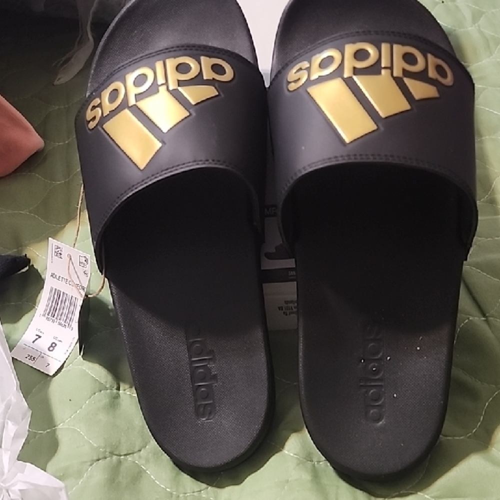Adidas Black and Gold Women's Slippers